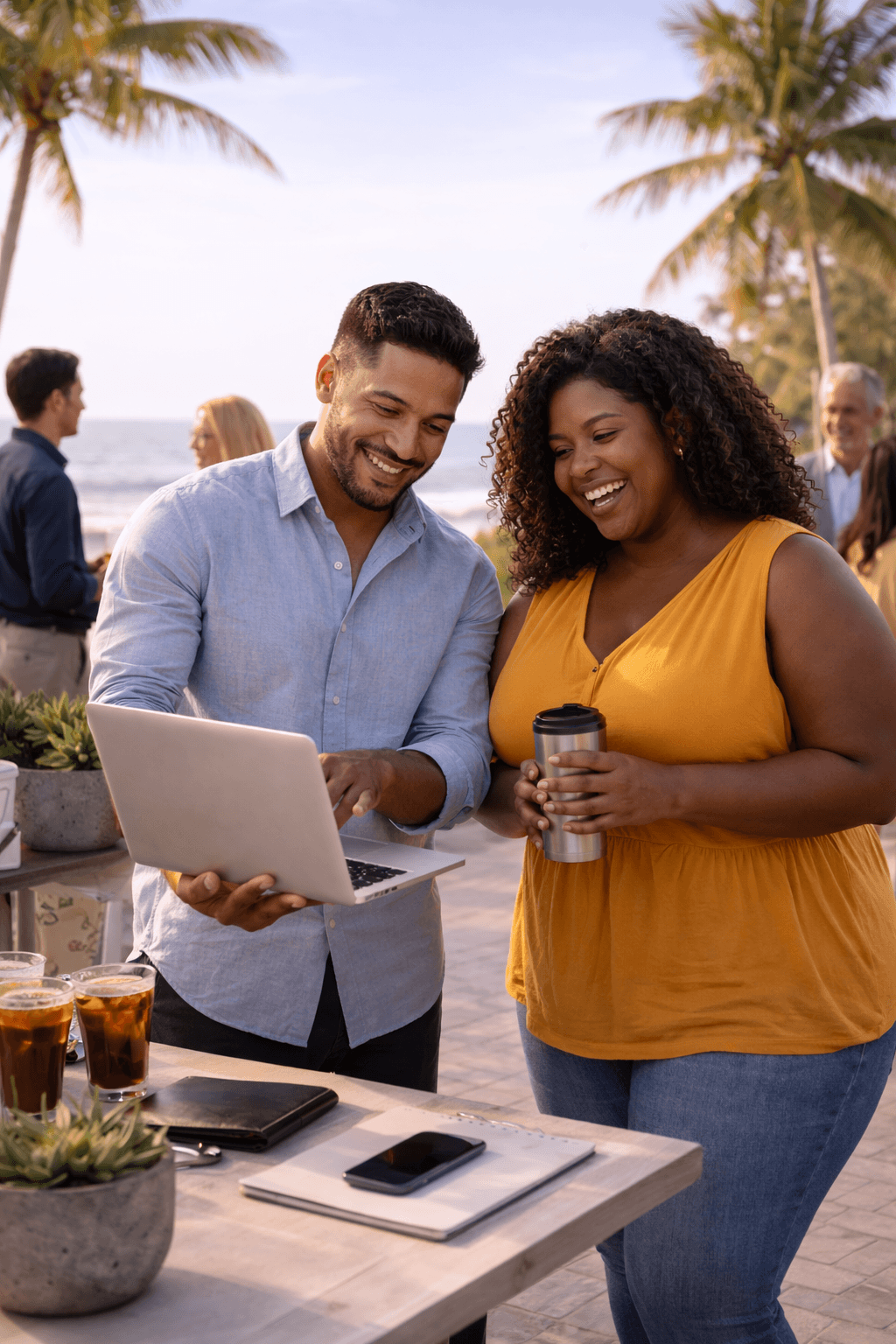 Smiling man and woman looking at a laptop together at a sunny beachside gathering.