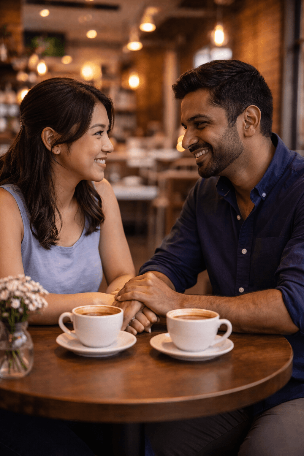 Smiling couple holding hands across a cafe table with two cups of coffee.