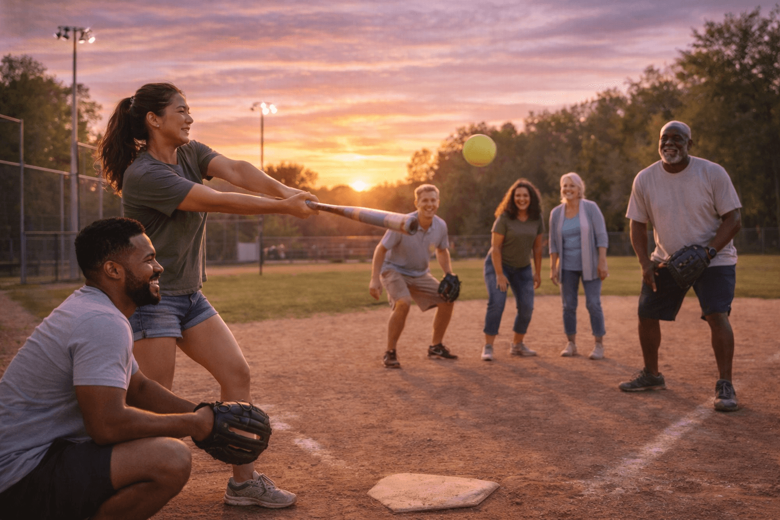 A woman swings a bat at a yellow softball during a sunset game with friends.
