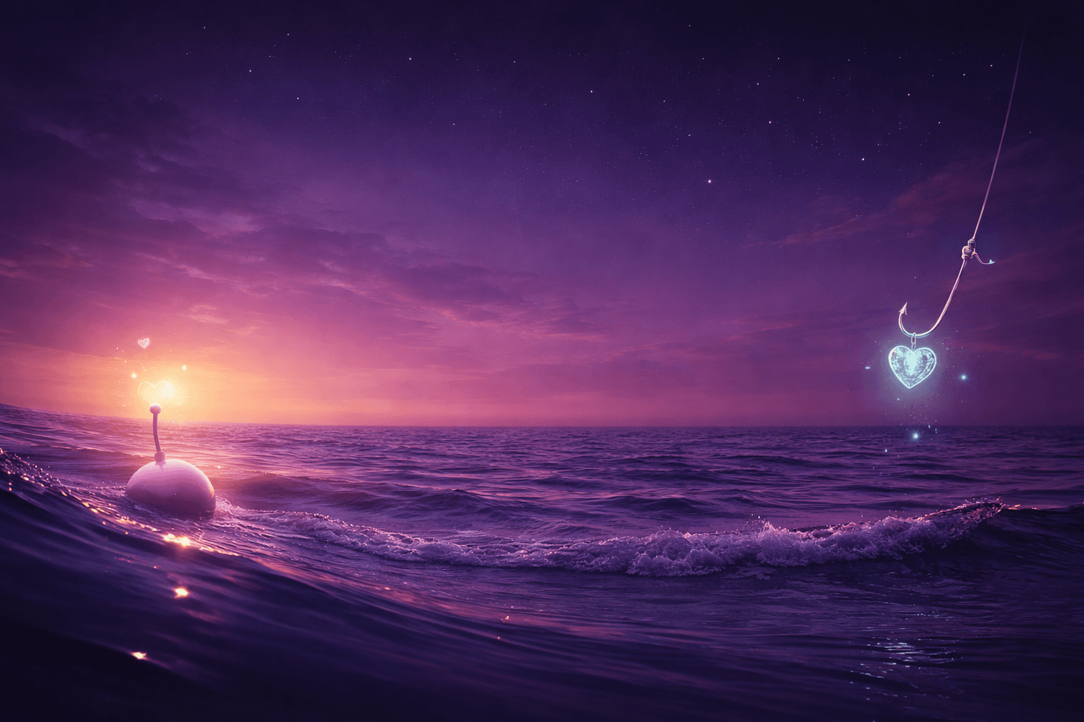 Glowing heart on a fishing hook above a purple ocean under a starry sky.
