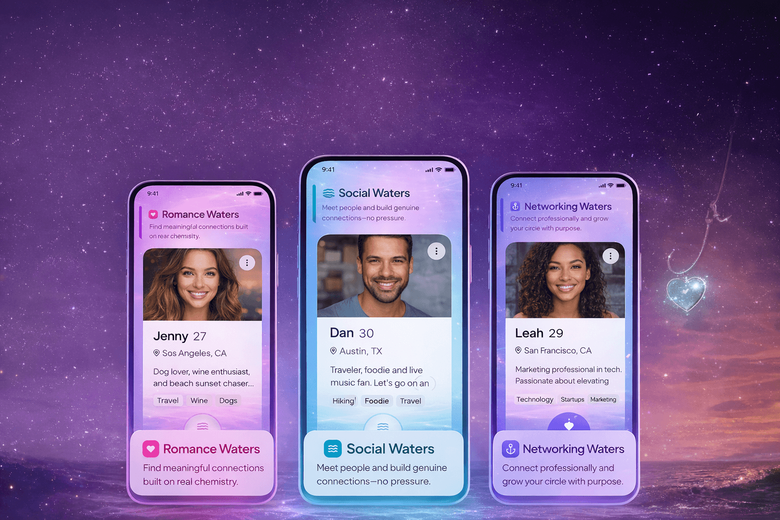 Three smartphones displaying Romance, Social, and Networking app profiles against a starry night sky.