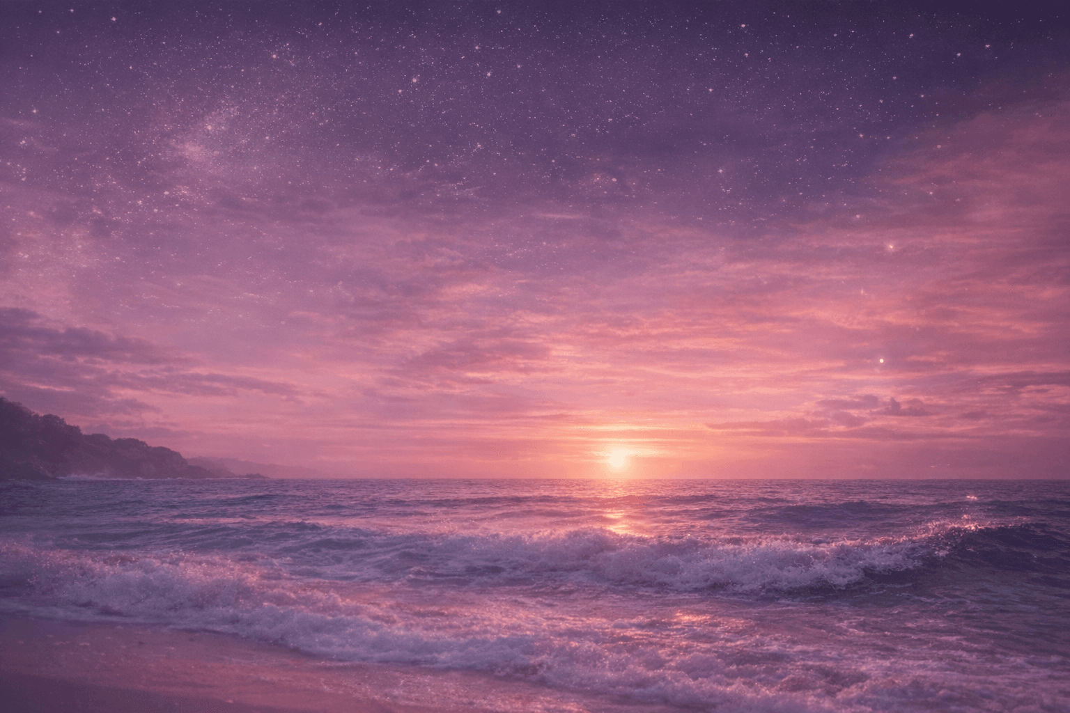 Vibrant pink and purple sunset over crashing ocean waves under a starry twilight sky.